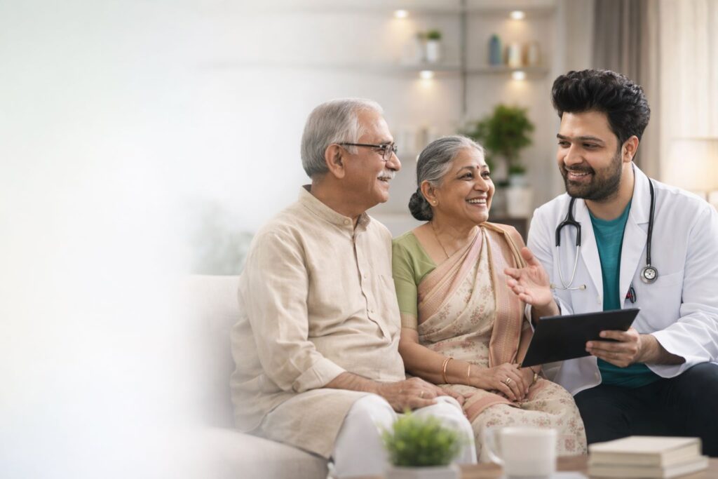 Indian elderly couple sitting with a doctor during a friendly healthcare consultation at home, smiling and feeling reassured.